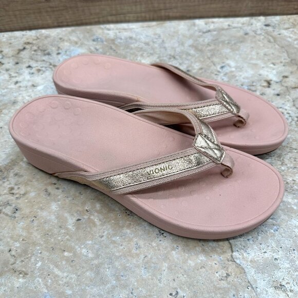 Vionic Sandals Womens Size 9 EU 41 Pink Leather High Tide Metallic Slides Thong - Picture 1 of 11